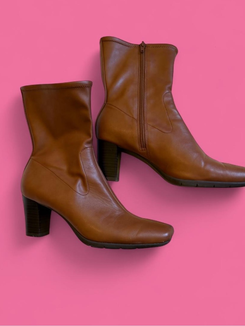 Women's Mid-Calf Brown Leather Block Heel Boots